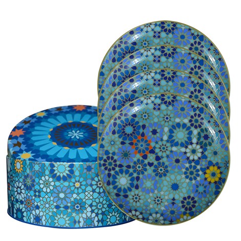 Tin Box With 4 Plates Porcelain Moucharabieh Blue